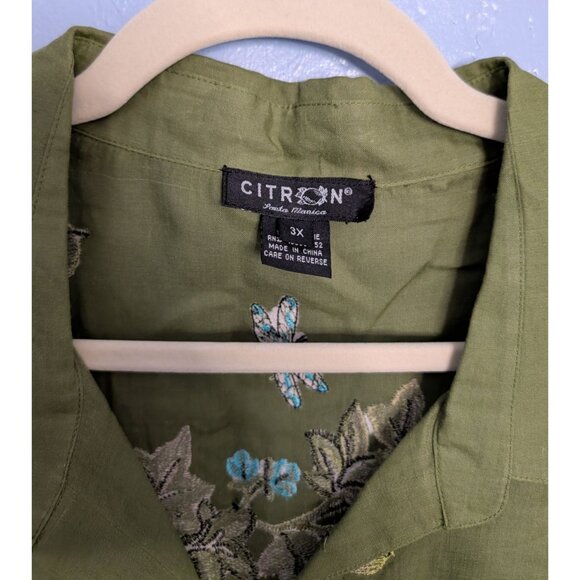 Citron Santa Monica 3X Green Button-Up Embroidered Ramie Tunic Top Boho Artsy - Picture 8 of 16